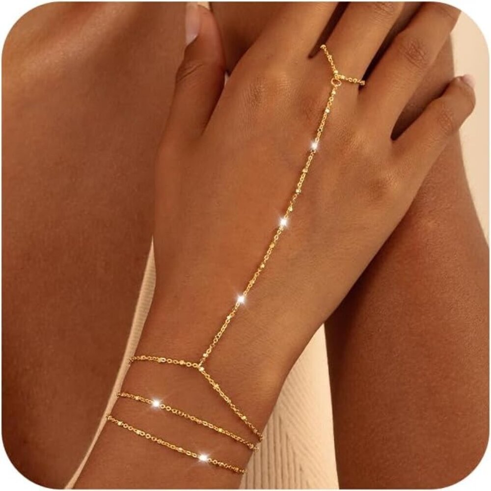 Gold Plated Hand Chain Bracelet Set Dainty Beaded Adjustable Jewelry for Women